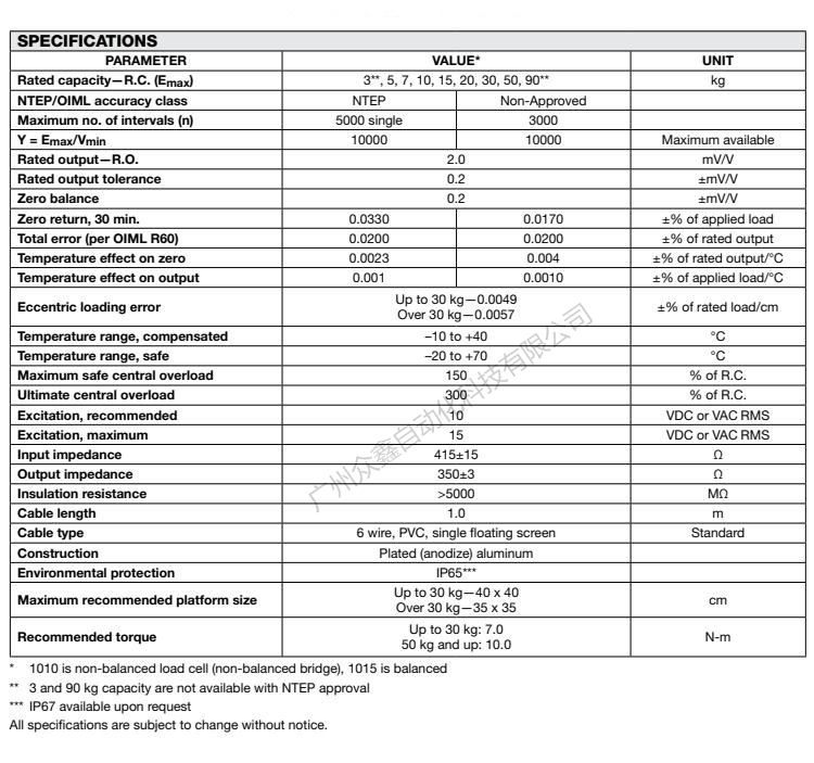 美國特迪亞 1010-3kg稱重傳感器產品技術參數